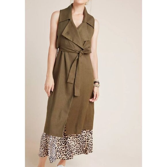 Anthropologie Trench Vest Womens M Olive Green Linen Blend Sleeveless Wrap Belt - Picture 2 of 16
